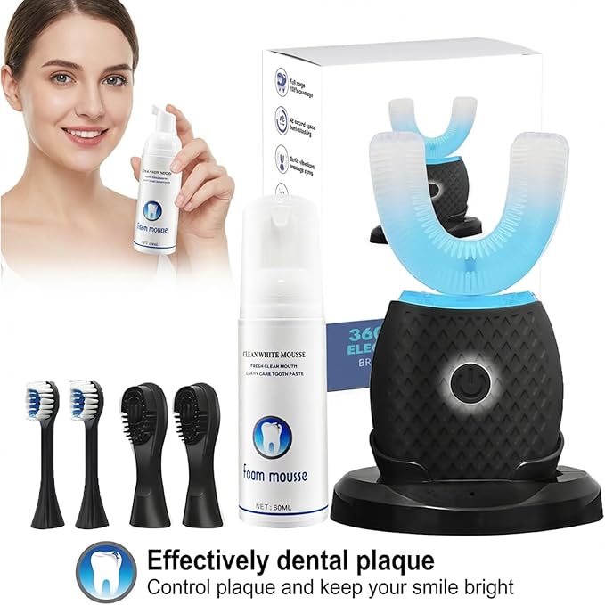 U-Shaped Toothbrush for Adults, All-in-One Foam Mousse & Ultrasonic Clean, Hands-Free with 4 Brush Heads, Blue LED Light, Advanced Charging Base (Black)