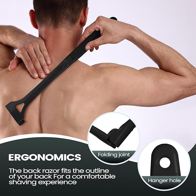 Back Shavers for Men with Foldable Long Ergonomic Handle: DIY Hair Shaver, Replaceable Safety Blade & Portable Razor Groomer for Men, Wet & Dry Shaving,Black (8PCS Blades Included)