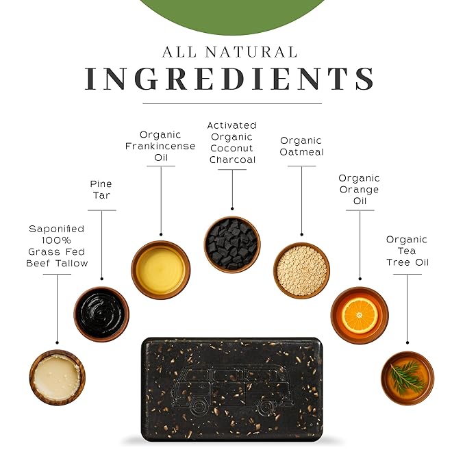 VanMan Tallow & Pine Tar Soap Bar – Grass-Fed Beef Tallow with Organic Oatmeal, Charcoal & Essential Oils – Exfoliating Face & Body Soap, 3.8oz - 1 Pack