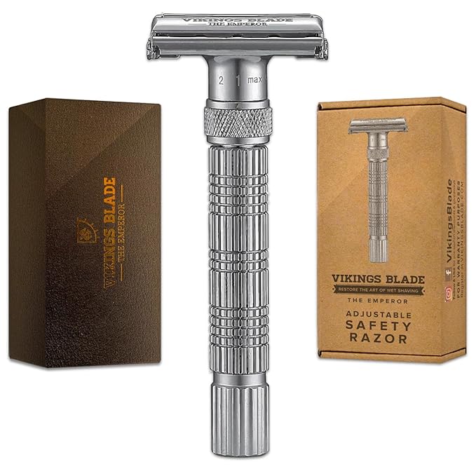 VIKINGS BLADE Adjustable Double Edge Safety Razor + Luxury Case. Smooth, Reusable, Eco-Friendly (The Emperor “Frosted Chrome”)