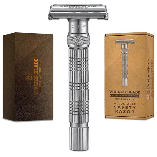VIKINGS BLADE Adjustable Double Edge Safety Razor + Luxury Case. Smooth, Reusable, Eco-Friendly (The Emperor “Frosted Chrome”)