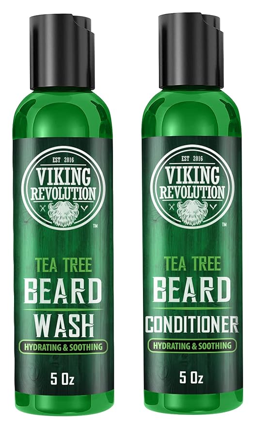 Viking Revolution Tea Tree Beard Wash and Conditioner Set for Men - Natural Beard Softener with Argan Oil, Vitamin E and Ginseng (5 Oz)