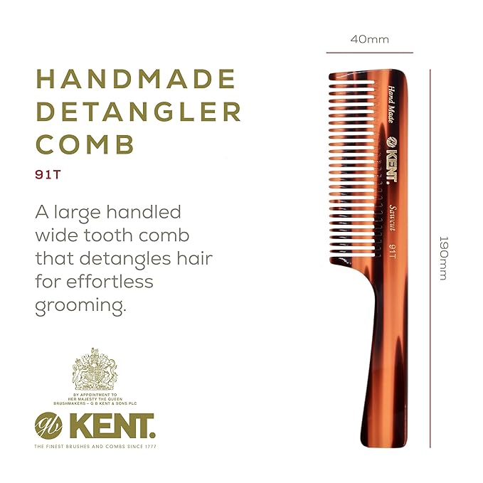 Kent 91T Wide Tooth Detangler Hair Comb for Women and Men - for Curly and Wavy Hair - Wet Hair Comb, Large Handle Wide Tooth Shower Comb for Effective Detangling, Saw-Cut Hand Polished made in England