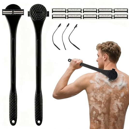 Back& Body Shaver for Men,Back Hair Trimmer for Men with Long Bendable Ergonomic Silicone Handle,10 of The Wet or Dry Disposable Razor Blades,Bath Brush Included(Black)