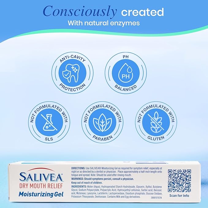Salivea Dry Mouth Relief Gel Moisturizer, 1 oz Tube (2 Pack),Saliva Substitute Dry Mouth w/Salivary Enzymes & Moisturizers,Formulated without Alcohol,Non-Irritating, Soothing Formula for Oral Dryness