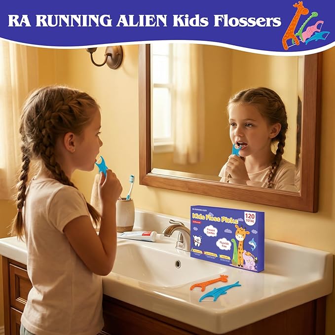 120 Count Kids Flossers,Fun Floss Sticks Fluoride & PFA Free Toothpick Flossing Sticks,4 Cute Animal-Shaped Dental Floss Picks for Kids,Non Toxic Floss with Anti-Slip Handle