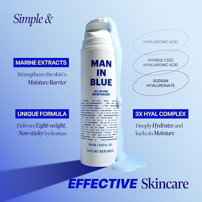 Nature Republic Man In Blue All In One Moisturizer - Daily Fresh Facial Lotion, Korean Natural Hydrating Simple Skin Care For Men Dry Beard Face, Rich, Lightweight, Aftershave, 150ml/5.07 Fl.Oz.