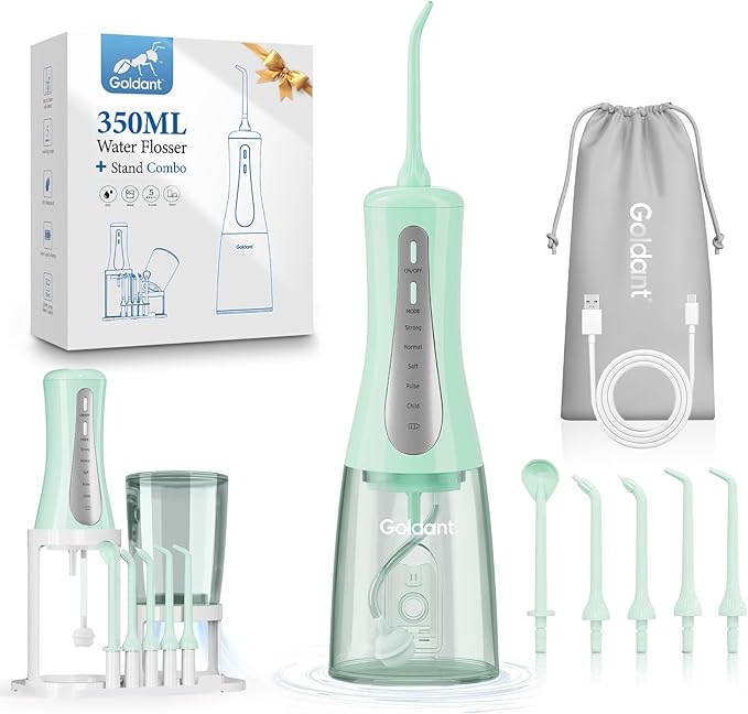 2026 New 350ML Water Flosser with Drainage & Storage Stand, Keeps Dry & Clean, 5 Modes, 360°Nozzle, Cordless Rechargeable, IPX7 Waterproof, Portable for Home & Travel (Green)