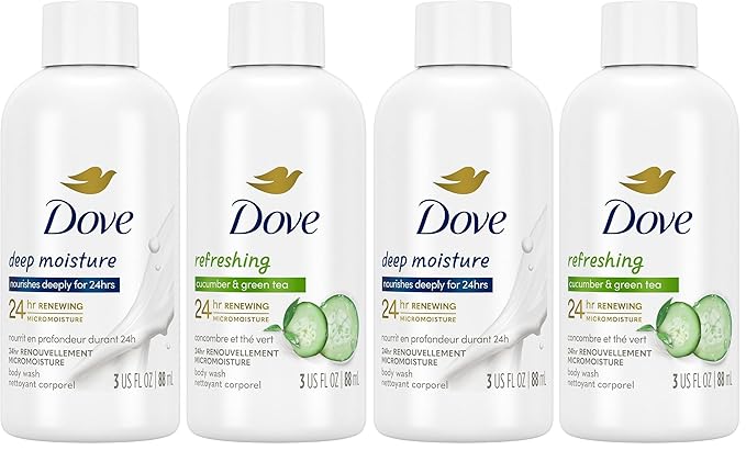 Dove Body Wash Travel Essentials Variety 4-Pack – Refreshing Cucumber & Green Tea + Deep Moisture Nourishing Body Washes, 3 Oz Ea