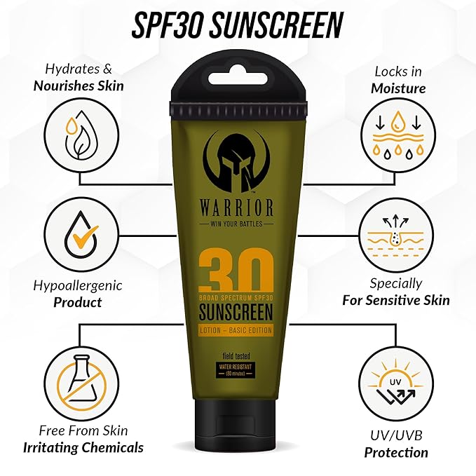 WARRIOR - WIN YOUR BATTLES- Sunscreen SPF 30 Lotion - Water & Sweat Resistant Body Lotion - 3 Oz 2 Pack | Burn Relief Gel for Skin Made in USA Aloe with Aloe Vera Gel - 4 Oz