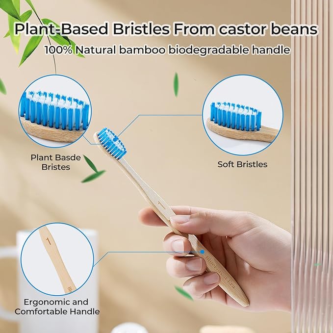 Bamboo Toothbrushes 10 Count, Soft Plant-Based Bristles, Natural Wooden Toothbrush for Adults, Biodegradable Travel Tooth Brushes