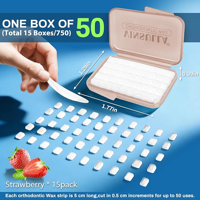 VINSULLA Orthodontic Wax for Braces - 750 Precut Dental Wax Dots Braces Wax Strips,Safe for Kids & Adults,Wax for Dental Brackets & Aligners 15Pack