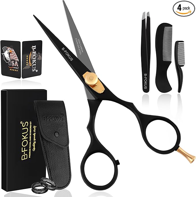 5.5” Hair Cutting Scissors for Hair, Mustache & Beard - Black Mustache and Beard Scissors for All Type Facial Hairs, Beard and Mustache Scissors with Pouch, Tweezers, Beard Comb and Mustache Comb.