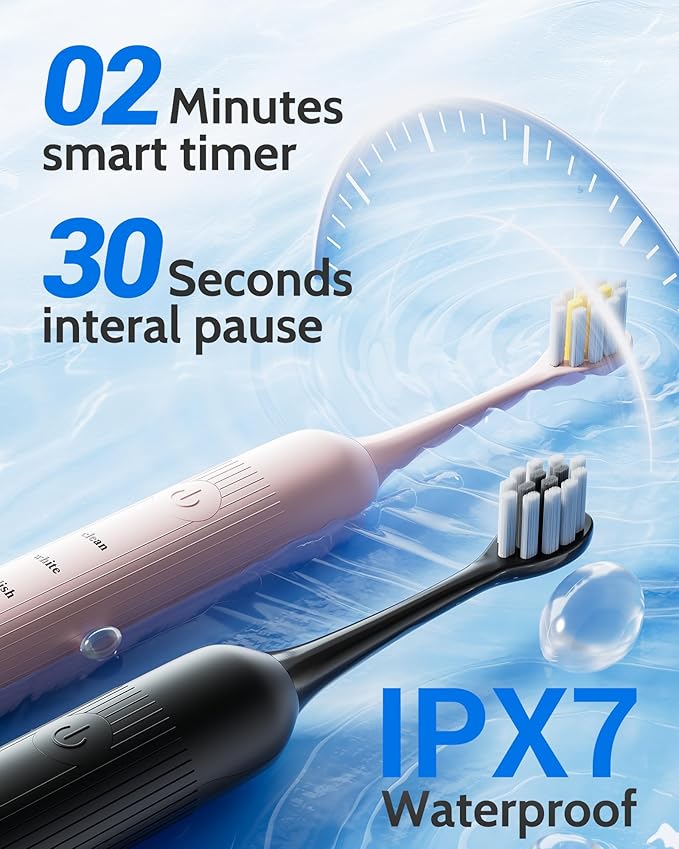 2 Pack Electric Toothbrush Set, Comes with 12 Brush Heads & 2 Electric Toothbrush,5 Modes with 2 Minutes Built in Smart Timer, One Charge for 60 Days, 38000 VPM Motor,Black and Pink.