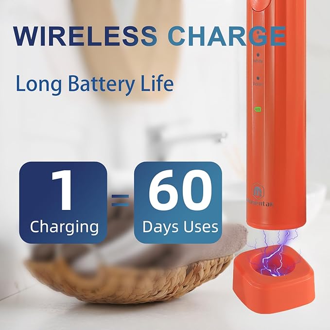 Ultrasonic U Shaped Toothbrush for Adults, Electric Toothbrush for 360-degree Cleaning with Wireless Charging, Waterproof IPX7, 3 Modes for Teeth Whitening(Orange)