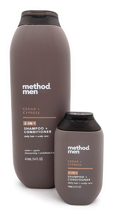 Men’s 2-in-1 Shampoo + Conditioner Bundle - Method Men Cedar + Cypress 14 Fl Oz and Travel Size 3.4 Fl Oz Bottles (2 Items)