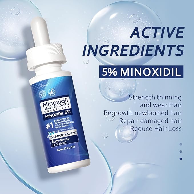 5% Minoxidil Hair Growth Serum for Men & Women with Biotin: Minoxidil for Men and Women, 5 Percent, Hair Regrowth Treatment, Extra Strength (8 FL OZ, Dropper 4)