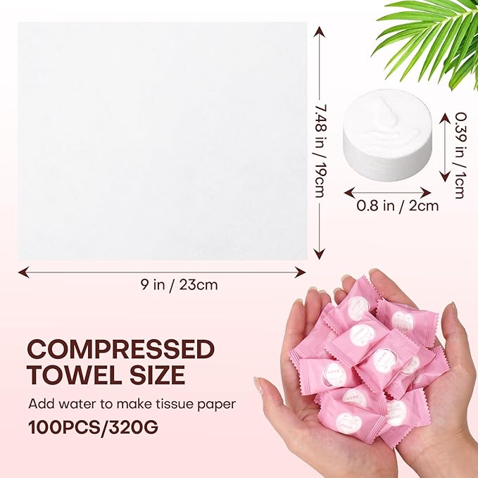 Disposable Face Towel 300 Count Instant Expansion Compressed Towel Tablets 9×7.5 Inch Washcloths for Women Compact Cloths Storage for Skincare Makeup Removal Facial Cleansing Gym Fitness (Pink)