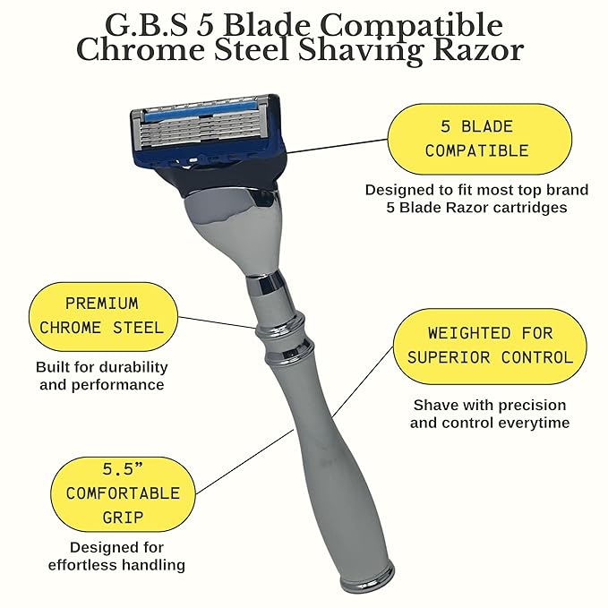 G.B.S 5 Blade Compatible Chrome Steel Shaving Razor – Weighted Handle for Maximum Control – Luxury Men's Razor for a Smooth, Close Shave – Compatible with Leading 5-Blade Cartridges