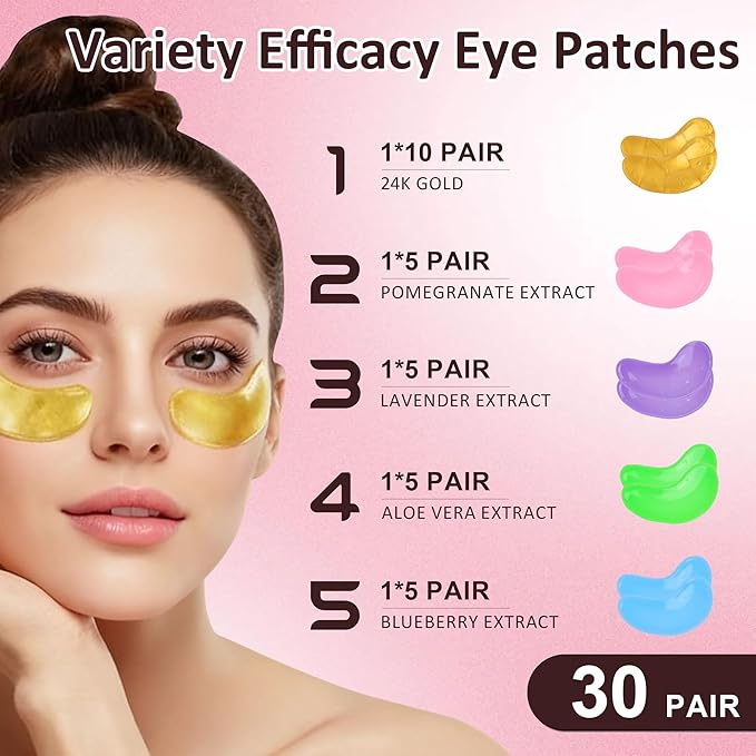 Amouy Eye Mask,30 Pairs for Dark Circles, Puffy Eyes, Undereye Bags,Wrinkles,Eye Mask with 24K Gold,Lavender, Blueberry, Pomegranate&Aloe Vera, Eye Treatment Skin Care for Men & Women Gift