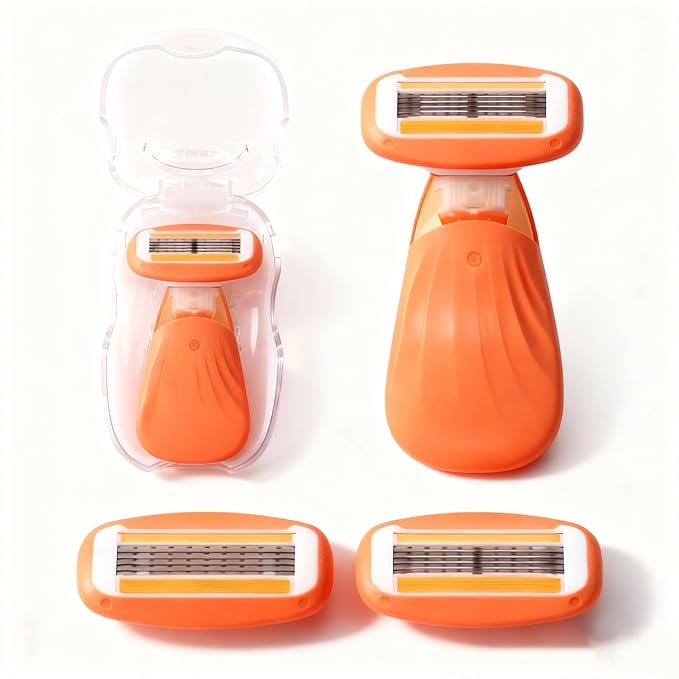 Moisturizing Bar Mini Travel Razor Kit for women Under Arm Pubic Hair Lines- 1 Handle and 3 Cartridges - Extra Smooth 5-blade With Case for Close Shaving - Orange