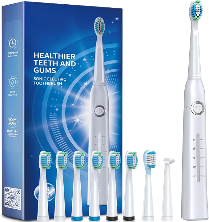 TEETHEORY Electric Toothbrush for Adults with 8 𝐁𝐫𝐮𝐬𝐡 𝐇𝐞𝐚𝐝𝐬, Sonic Electric Toothbrush with 40000 VPM Deep Clean 5 Modes, Rechargeable Toothbrushes Fast Charge 4 Hours Last 30 Days