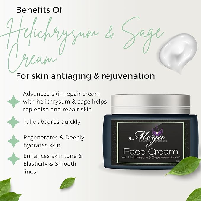 Merja Face cream with Helichrysum & Sage Essential Oils- Day and Night- Face cream with Collagen, Helichrysum oil and sage-Skin Care- Face Moisturizer -Premium Quality 50ml 1.7 oz (Pack of 1)