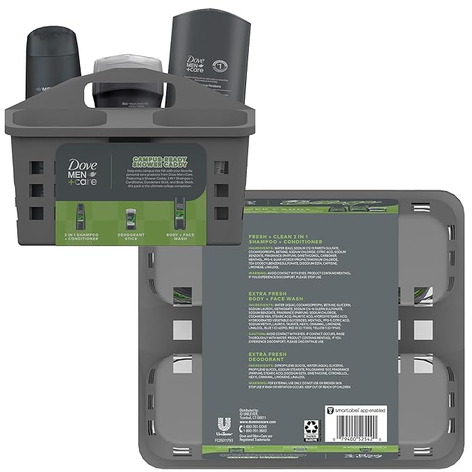 Dove Men+Care Shower Caddy College Gift Set – Extra Fresh Body + Face Wash, Deodorant for Men + Fresh & Clean 2-in-1 Shampoo & Conditioner (4 Piece Set)