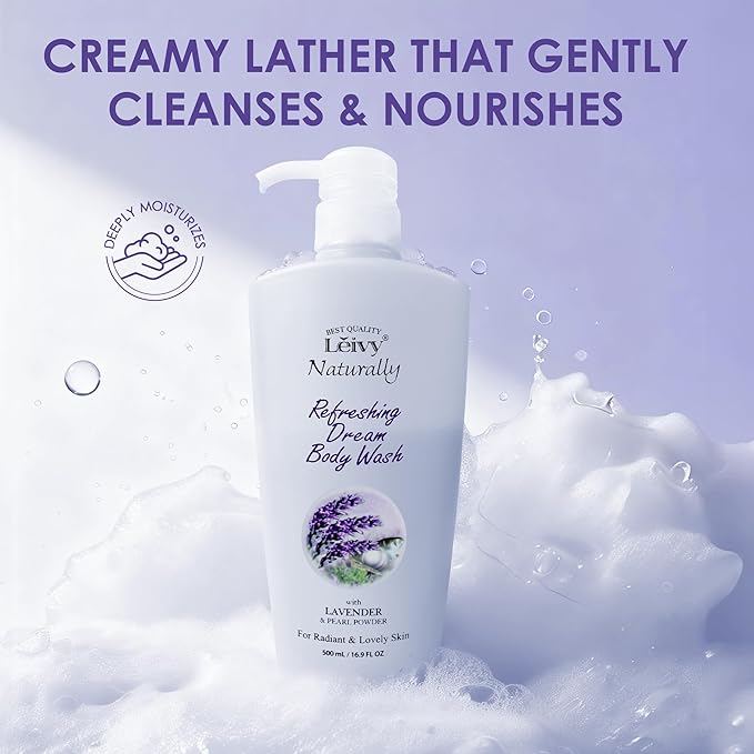Lěivy Lavender Body Wash Deep Moisturizing, Calming Scent, Skin Cleanser Hydrating Shower Gel, Soothing & Sleep, with Vitamin E & Pearl Powder, 16.9 Fl oz Bottle