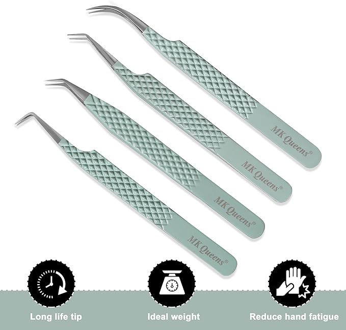 Fiber Tip Lash Tweezers for Eyelash Extensions with Diamond Grip, Set of 4 Precise Tips Japanese Steel for Classic, Volume & Mega Volume Lashes, Ideal Tweezers Set for Lash Artists (4, Light Green)