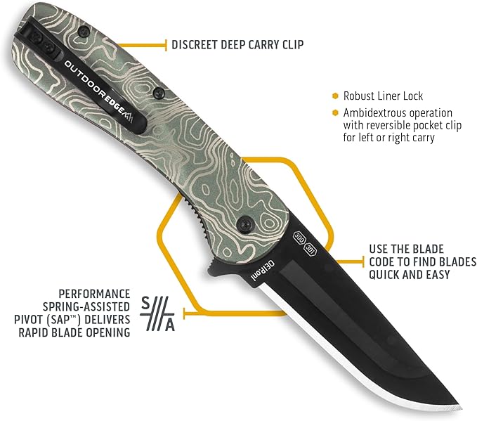 OUTDOOR EDGE RAZOR VX1 | Topo Map Etching | Replaceable Blade EDC Folding Pocket Knife | 3" Stainless Blade, Green Anodized Aluminum Handle, Reversible Pocket Clip | Cool Knife for Men