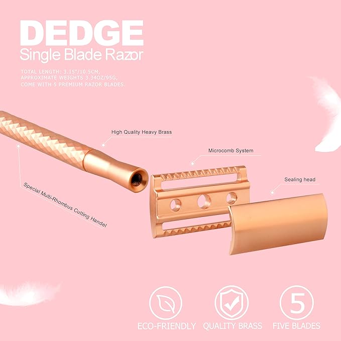 DEDGE Double Edge Eco Safety Razor Single Blade Razor for Women, Reusable Razor, with 5 Premium Razor Blades(Rose Gold)