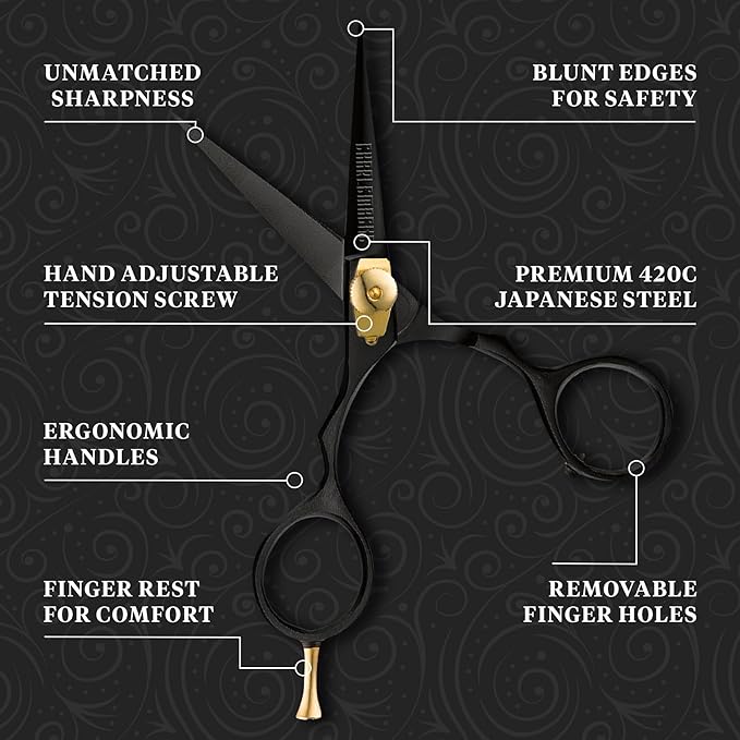 Charlemagne Hand-Forged Japanese Steel Beard & Mustache Scissors - 5.5in, Black - Precision Cutting & Beard Trimming Kit - Sharp Blades & Mustache Grooming Kit - Versatile Nose & Hair Scissors