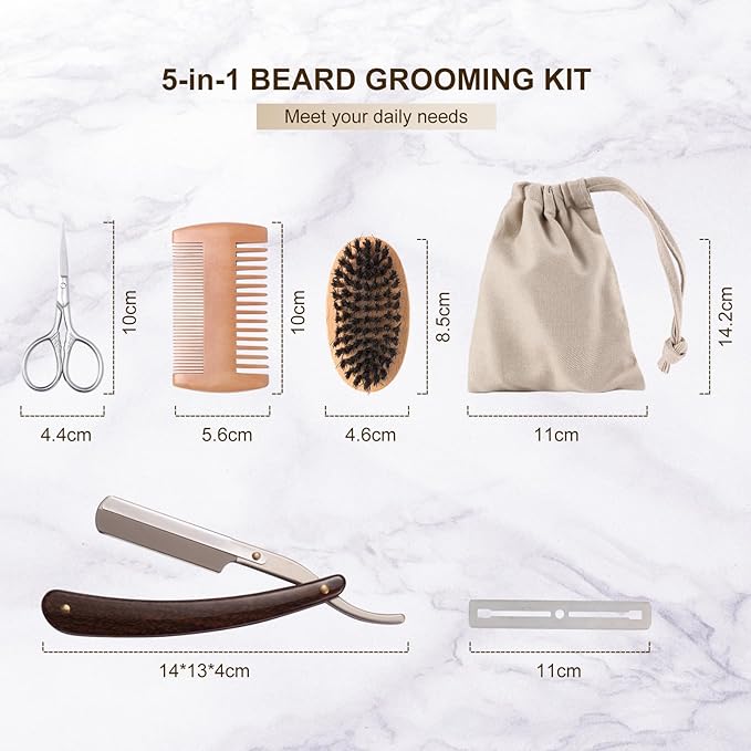 Beard Brush and Comb Set for Men - Straight Edge Razor and Shaving Scissors, Natural Boar Bristle, Dual Action Wood Comb, Travel Pouch - Great for Grooming Beards and Mustaches
