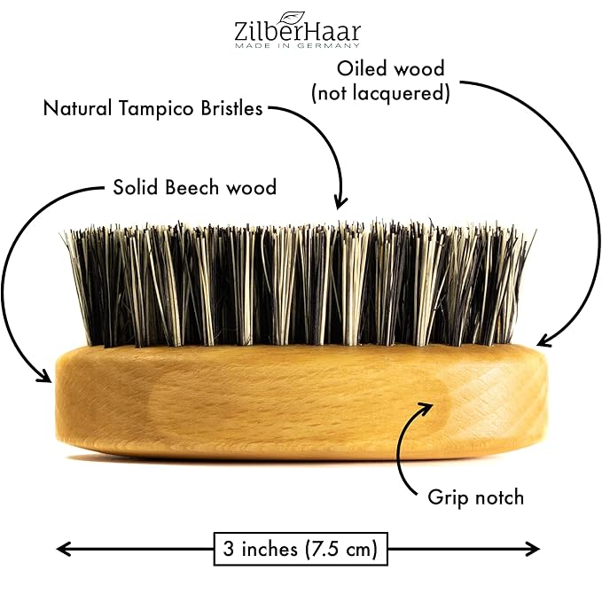 ZilberHaar - Elemental Beard Brush for Men and Mustache Brush - Stiff Natural Bristles and Beech wood - 100% Animal free - Made in Europe - 3 inches long