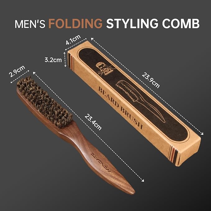 Men's Stiff Boar Bristle Beard and Hair Brush, Walnut Handle with Mini Metal Keychain Comb, Portable Grooming Duo for Travel Home Use