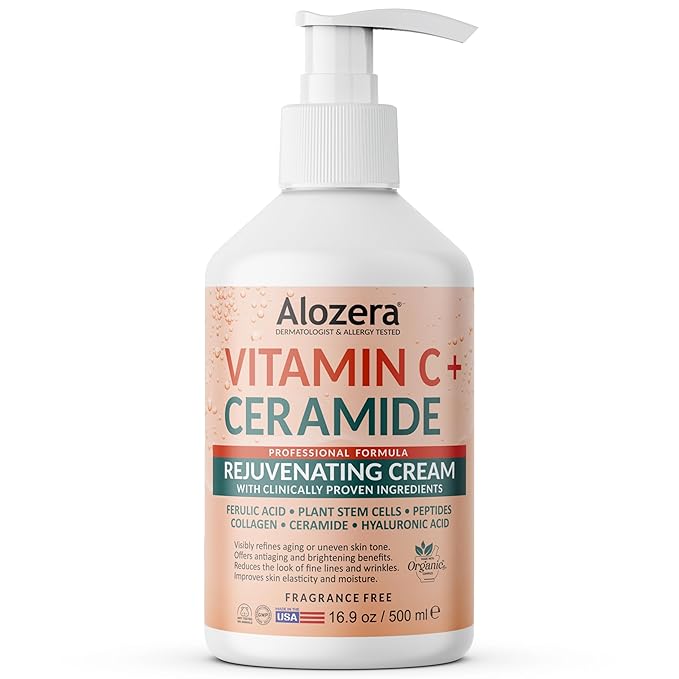 Alozera Vitamin C Body Lotion with Ceramides & Stem Cells, Anti-Aging Moisturizing Body Cream for Noticeably Brightening & Visibly Even Skin Tone, Lightweight, Fragrance Free, 16.9 oz
