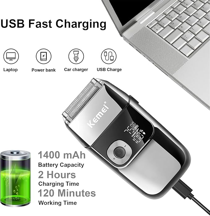 KEMEI Electric Razors for Men, LCD Display Cordless Men's Razors, USB Rechargeable with Pop-up Beard Trimmer Best Worldwide Travel Gift, Model KM 2028, Silver