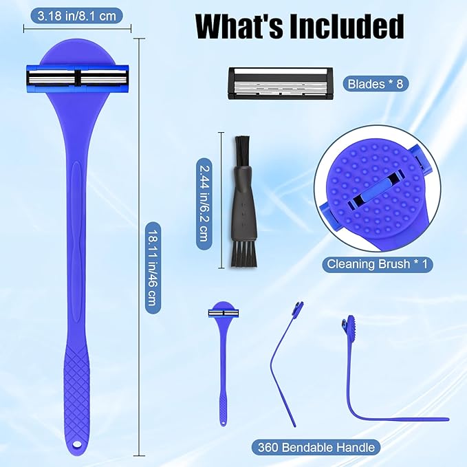2 in 1 Back Shaver & Massage Cleaning Brush with Bendable Handle, Manual Stainless Steel Razor for Back & Body Hair Removal, Portable Wet Dry Body Groomer with 8 Pcs Replaceable Blades-Blue
