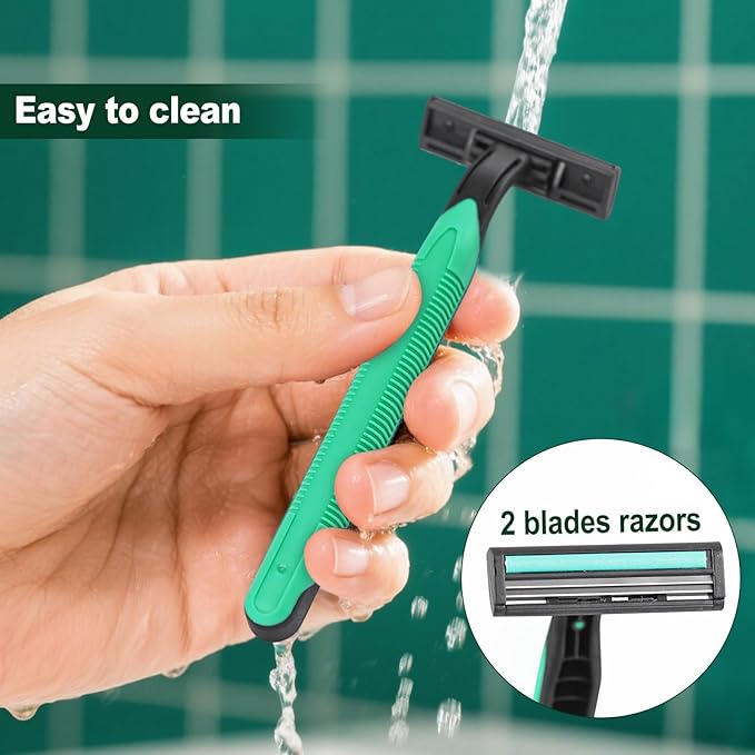 Disposable Twin Blade Razors in Bulk, Individually Wrapped - Clear Safety Cap, For Homeless, Hotel, Airbnb, Travel (pack of 50,green)
