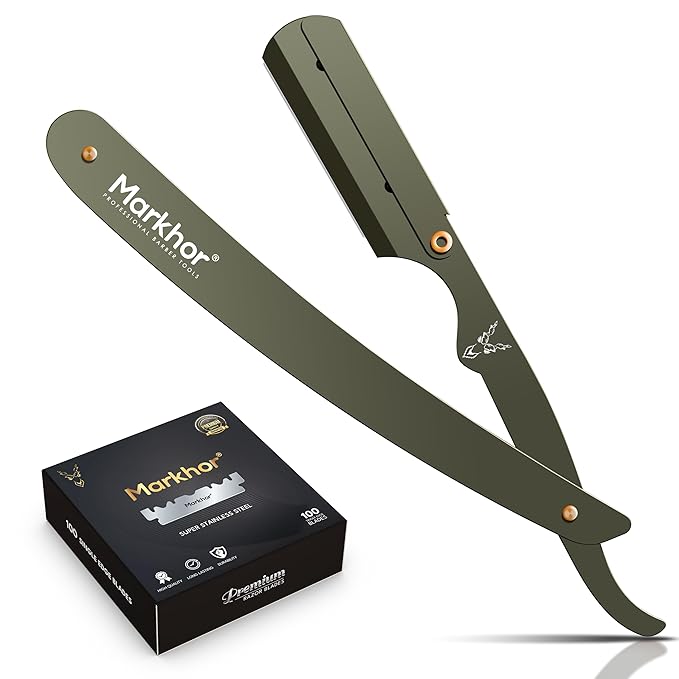 Markhor® Straight Razors for Men with 100 Single Edge Razor Blades | Barber Straight Razor | Straight Edge Razor | Barber Razor Blade | Navajas Para Barbero (Camo Green)
