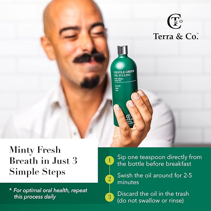 Terra & Co. Nano Hydroxyapatite Gentle Green Oil Pulling - Vegan Natural Mouthwash for Teeth and Gum Health – Alcohol-Free and Fluoride-Free - Made with Cold Pressed Plant Oils | 6.75 oz
