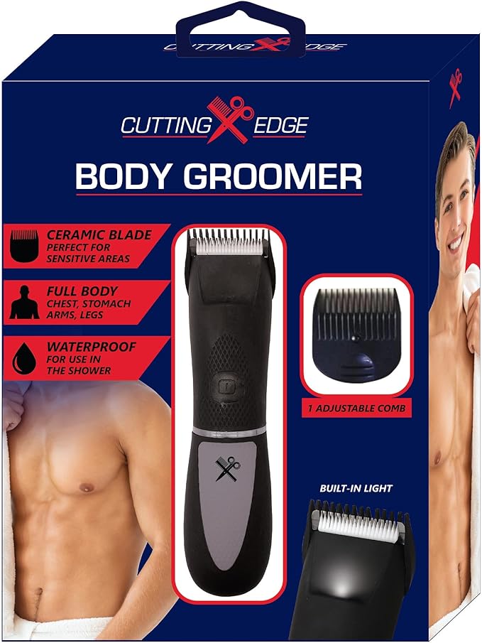 Cutting Edge Body Hair Trimmer for Men, Men’s Body Trimmer, Heat-Resistant & Hypoallergenic Ceramic Blades, Easy Adjustable Guide Comb Controls Length, Cordless, Waterproof, Built in Light
