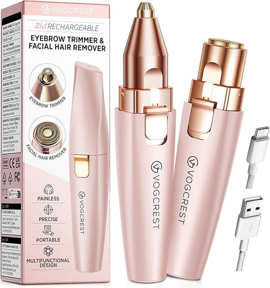 VG VOGCREST Eyebrow Facial Trimmer: 2 in1 Rechargeable Facial Hair Removal and Eyebrow Shaver - Face Lips Body Painless Facial Razor with Built-in LED Light (Pink)
