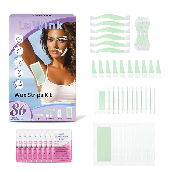 Facial Wax Strips 86Pcs for Hair Removal Body Wax Strips 6 Sizes and 6 Oil Wipes Bikini Waxing Strips Mouth waxing Eyebrow Face Arms Legs Underarm Back Waxing Kit for Women and Men