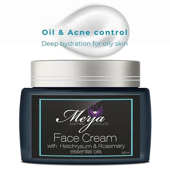 Merja Herbs Anti Acne Face Moisturizer Cream with Helichrysum and Rosemary, Aloe & Collagen - Day and night - Light & Anti Acne & Oil control Moisturizing Cream - Light Floral Fragrance 50ml 1.7oz