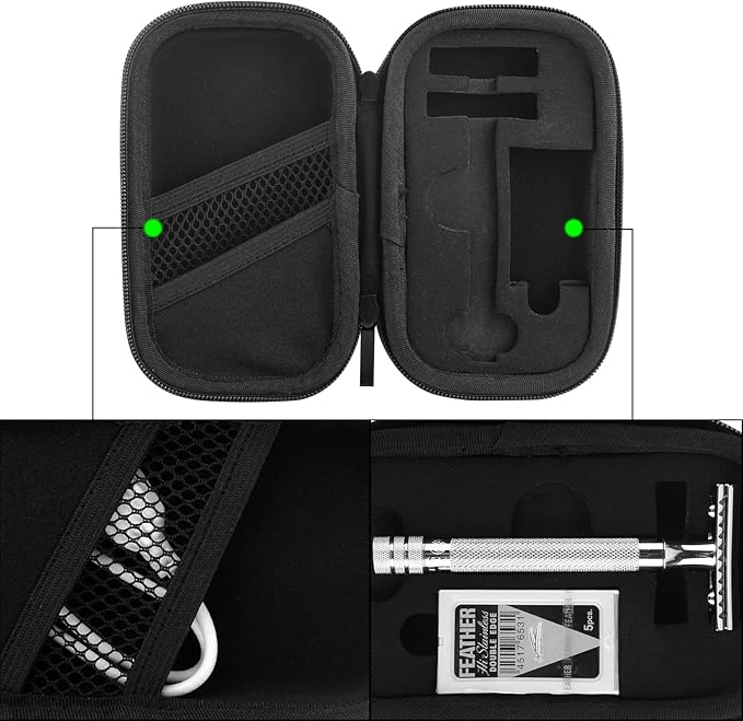 Linkidea Hard Travel Case Compatible with Vikings, Merkur, Shaving Revolution Double Edge Safety Razor, Storage Box Organizer for Safety Razor & Shaving Attachments (Lychee Vegan Leather), Black,