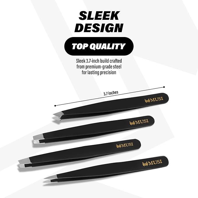 MUSI Eyebrow, Facial Hair, Ingrown Hair & Splinter Removal Tweezers with Eyebrow Scissors – Precision Multi-Purpose Beauty Tools, Anti-Rust Stainless Steel, Travel Case Included, for Women & Men