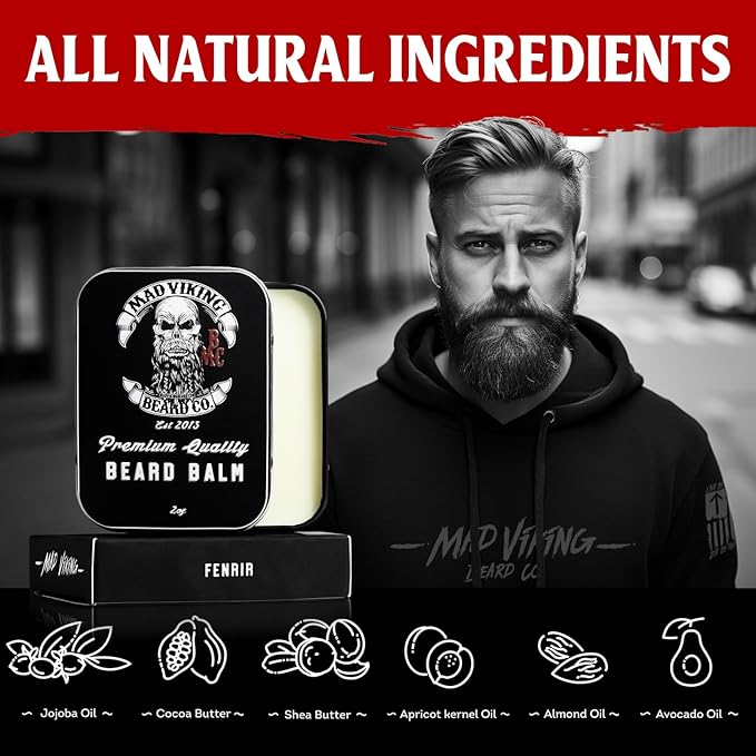 Mad Viking Fenrir Beard Balm – Non-Greasy Balm to Soften and Style with a Medium Hold - Made with Shea Butter, Beeswax & Premium Oils - Bold Bourbon, Neroli, Rum & Tobacco Scent, Made in the USA - 2oz
