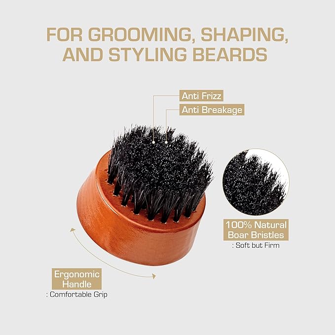 Red by Kiss Beard Brush with 100% Natural Boar Bristles for Men, Premium Wooden Brush, Beards Mustaches Grooming Shaving Comb, Tame and Soften Facial Hair (Round Mini)